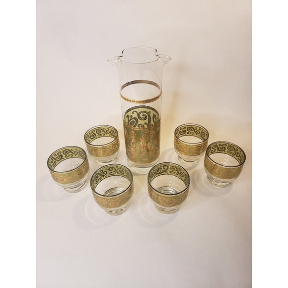 Vintage Culver Signed 24K Gold Green Toledo Cocktail Martini Pitcher & 6 Glasses - Picture 2 of 15